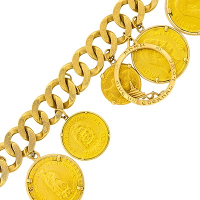 Lot 1102 - Gold and Gold Charm Curb Link Bracelet