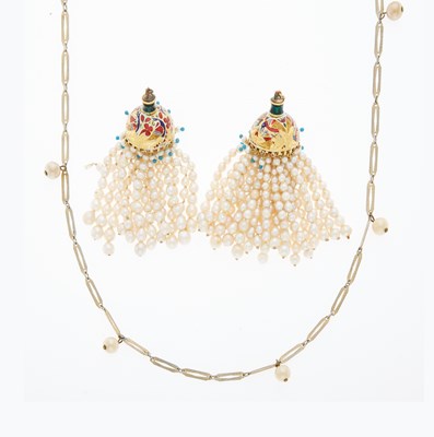 Lot 2114 - Pair of Indian Gold, Metal, Enamel and Cultured Pearl Fringe Pendants and Costume Chain Necklace
