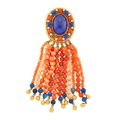 Lot 2143 - Gold, Lapis, Coral and Gold Bead Fringe Brooch