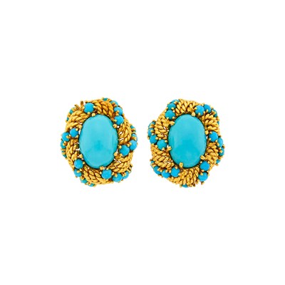 Lot 1013 - Pair of Gold and Turquoise Earclips