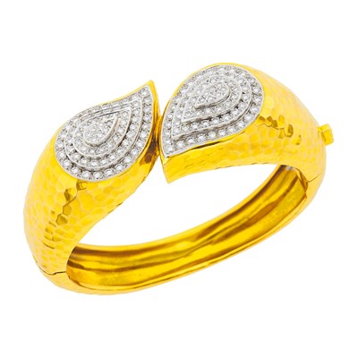 Lot 1005 - Two-Color Hammered Gold and Diamond Bangle Bracelet