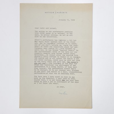 Lot 568 - An excellent 1960 letter from Arthur Laurents about Ethel Merman's performance in Gypsy