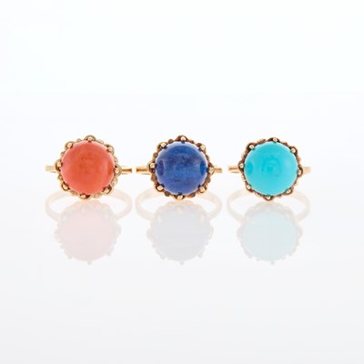 Lot 29 - Martine Three Gold, Lapis, Coral and Turquoise Rings