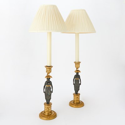 Lot 377 - Pair of Restauration Ormolu and Patinated Bronze Figural Candlesticks