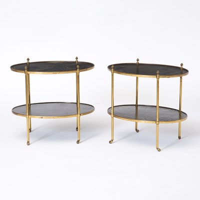 Lot 363 - Pair of Leather Top Brass Oval Two-Tier Side Tables