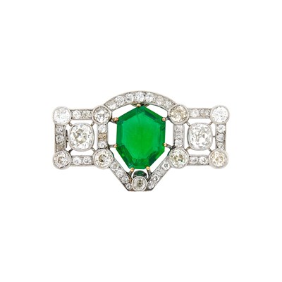 Lot 1134 - Platinum, Synthetic Emerald and Diamond Brooch
