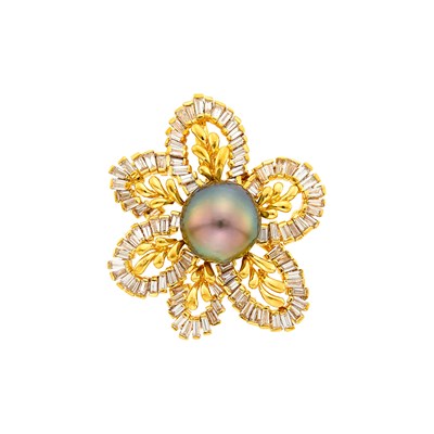 Lot 1108 - Gold, Tahitian Gray Cultured Pearl and Diamond Flower Pendant-Brooch