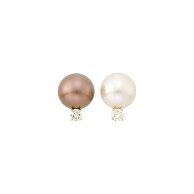 Lot 1106 - Pair of Gold, South Sea and Tahitian Gray Cultured Pearl Earrings