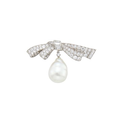 Lot 1131 - Platinum, Diamond and Semii-Baroque Cultured Pearl Bow Brooch