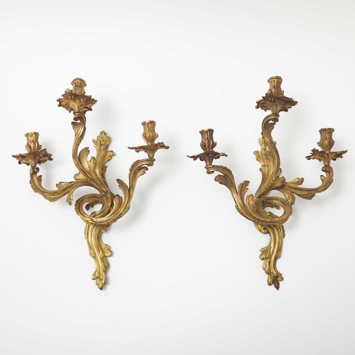 Lot 183 - Pair of Louis XV Style Ormolu Three-Branch Wall Lights