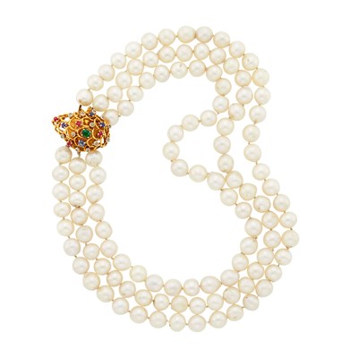 Lot 221 - Triple Strand Semi-Baroque Cultured Pearl Necklace with Gold, Colored Stone and Diamond Clasp