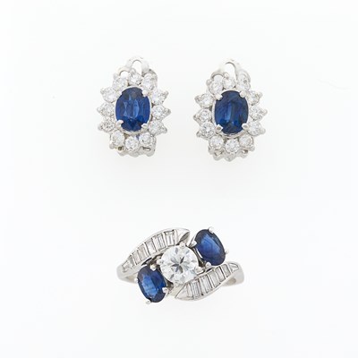 Lot 183 - Platinum, Diamond and Sapphire Ring and Pair of White Gold, Sapphire and Diamond Earclips