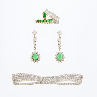 Lot 194 - Group of Platinum, Gold, Emerald, Cabochon Emerald and Diamond Jewelry
