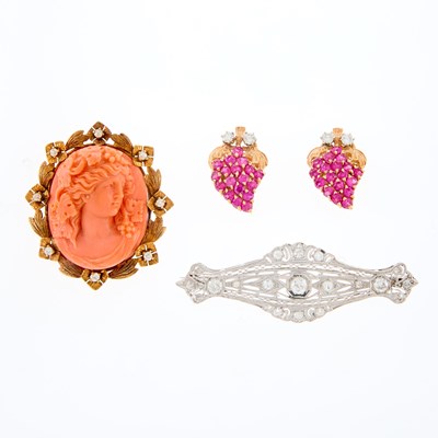 Lot 237 - Group of Yellow and White Gold, Coral Cameo, Ruby and Diamond Jewelry