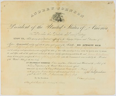 Lot 325 - An uncommon document signed by Andrew Johnson as President