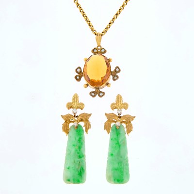 Lot 162 - Antique Low Karat Gold, Citrine and Split Pearl Pendant with Chain Necklace and Pair of Gold, Carved Jade and Diamond Pendant-Earrings