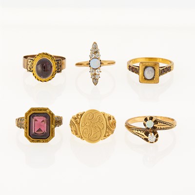 Lot 232 - Six Antique Gold, Low Karat Gold, Gold-Filled and Gem-Set Rings