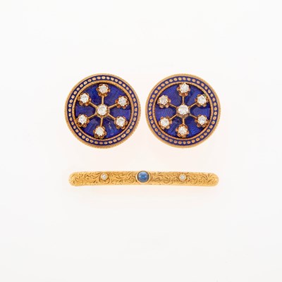Lot 160 - Pair of Antique Gold, Blue Enamel and Diamond Earclips and Bar Pin