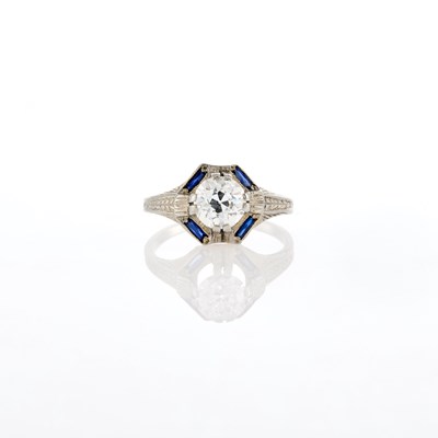 Lot 228 - White Gold, Diamond and Synthetic Sapphire Ring