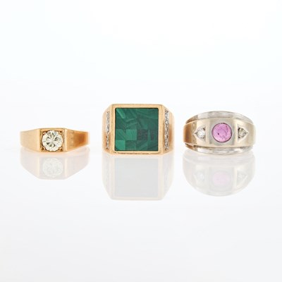 Lot 206 - Three Gentleman's Yellow and White Gold, Diamond and Gem-Set Rings
