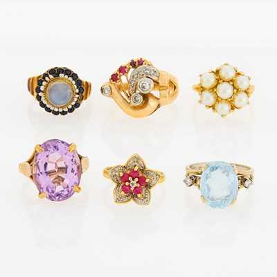 Lot 234 - Six Yellow and White Gold, Diamond and Gem-Set Rings