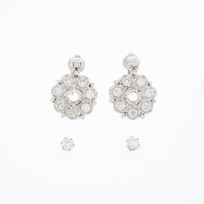 Lot 178 - Pair of White Gold and Diamond Pendant-Earclip Mountings and Pair of Gold and Diamond Stud Earrings