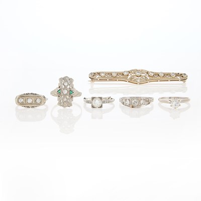 Lot 224 - Five Platinum, White Gold, Diamond and Simulated Diamond Rings and Bar Brooch