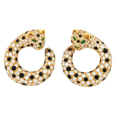 Lot 82 - Pair of Gold, Diamond, Black Onyx and Emerald Panther Hoop Earclips