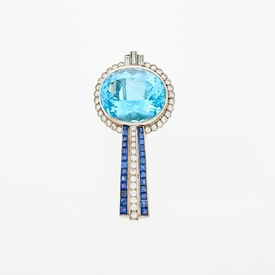 Lot 103 - White Gold, Blue Topaz, Sapphire and Diamond Clip-Brooch