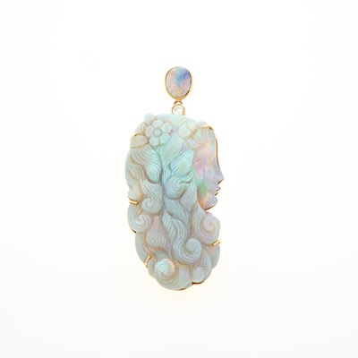 Lot 197 - Gold, Carved Opal, Opal and Diamond Pendant