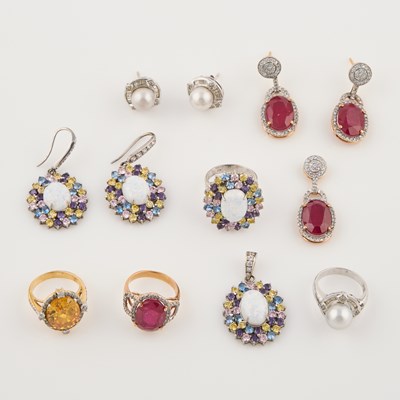 Lot 40 - Four Gold, Bead and Stone Rings, Six Earrings and Two Pendants, 14K 48 dwt. all, stone missing