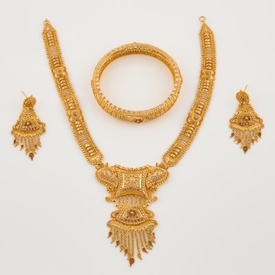 Lot 54 - Gold and Enamel Necklace, Rigid Bracelet and Two Earrings, 21K 45 dwt. all