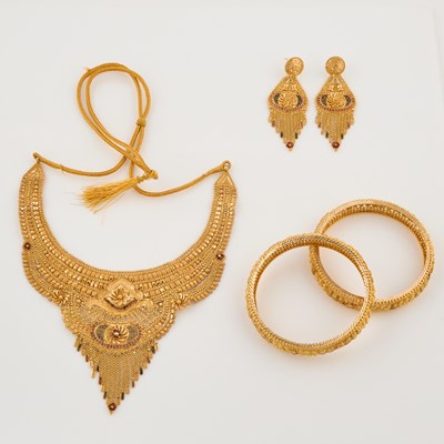 Lot 59 - Gold, Enamel and Cord Necklace, Two Rigid Bracelets and Two Earrings, 22K and 21K 63 dwt. all