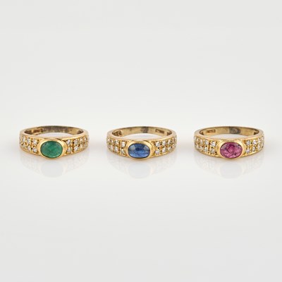 Lot 161 - Three Diamond and Stone Rings, 66 diamonds about 0.65 ct., 18K 5 dwt. all, stones damaged