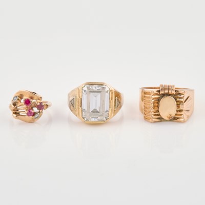 Lot 206 - Three Gold and Stone Rings, 14K 14 dwt. all