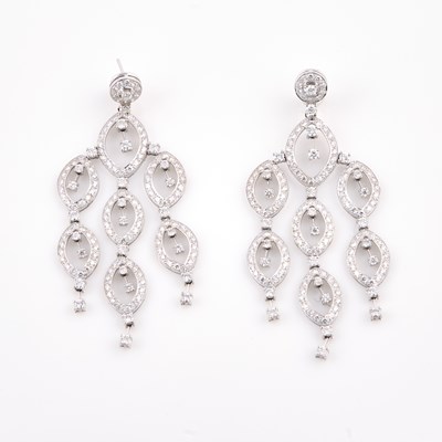 Lot 238 - Two Diamond Earrings, 307 diamonds about 10.00 cts., 18K 21 dwt., stone missing