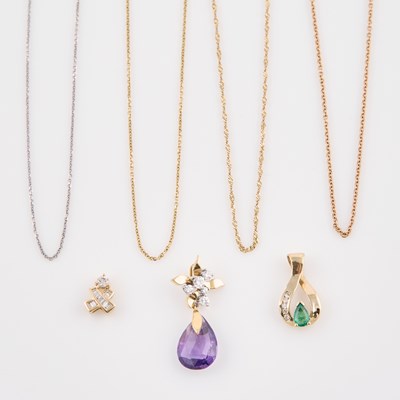 Lot 243 - Three Diamond and Stone Pendants and Four Gold Neck Chains, 18K 2 dwt. and 14K 6 dwt. all