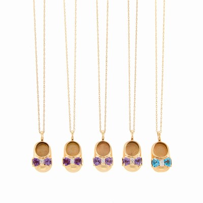 Lot 241 - Group of Gold, Amethyst, Blue Topaz and Diamond Shoe Pendants with Chain Necklaces