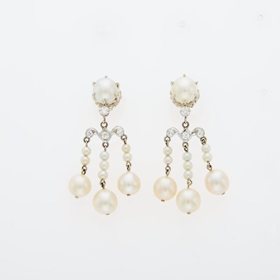 Lot 129 - Pair of White Gold, Cultured Pearl and Diamond Chandelier Pendant-Earrings