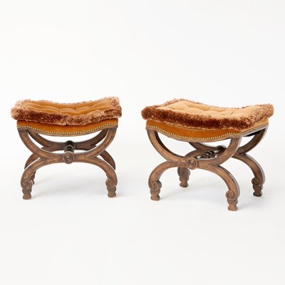 Lot 631 - Pair of Empire Style Upholstered Stained Wood X-Form Stools