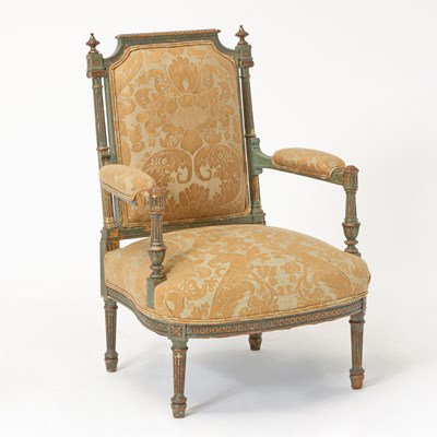 Lot 600 - Louis XVI Style Painted and Parcel-Gilt Fortuny Upholstered Fauteuil