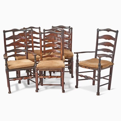 Lot 623 - Set of Eight William and Mary Style Elm and Rattan Dining Chairs