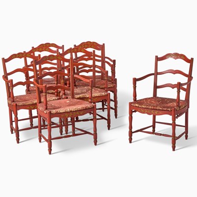 Lot 650 - Set of Eight French Provincial Style Red Painted Rattan Armchairs