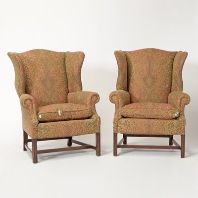 Lot 587 - Pair of George III Style Upholstered Mahogany Wingchairs