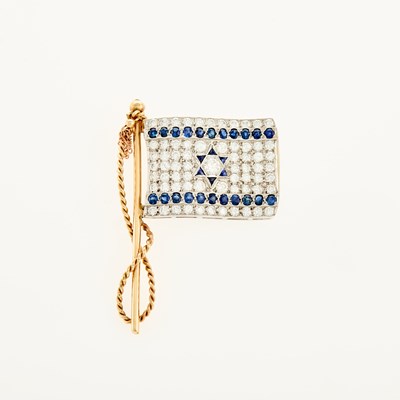 Lot 65 - Two-Color Gold, Diamond and Sapphire Israel Flag Brooch