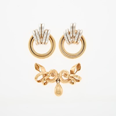 Lot 49 - Pair of Two-Color Gold Earrings and Brooch