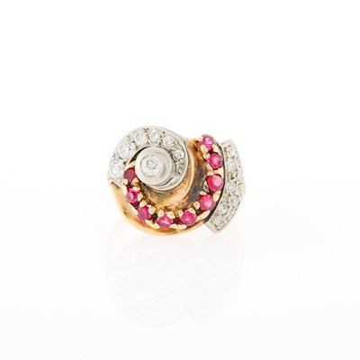 Lot 86 - Rose Gold, Platinum, Synthetic Ruby and Diamond Ring