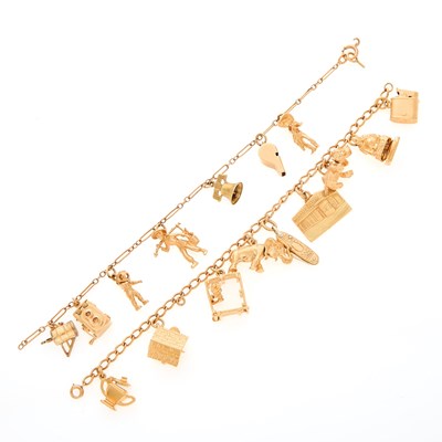 Lot 200 - Two Gold, Low-Karat Gold and Gilt-Metal Charm Bracelets