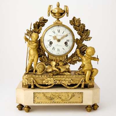 Lot 558 - Louis XVI Gilt-Bronze and White Marble Figural Mantel Clock, Signed Merra a Paris
