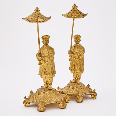Lot 360 - Pair of Restauration Chinoiserie Gilt-Bronze Figures Holding Parasols